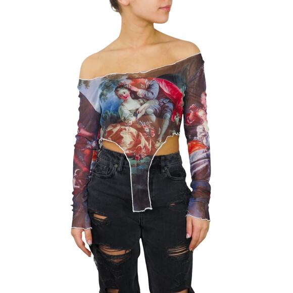 Shein Abstract Renaissance Off Shoulder Long Sleeve Mesh Top Funky Sexy Small - Picture 6 of 8
